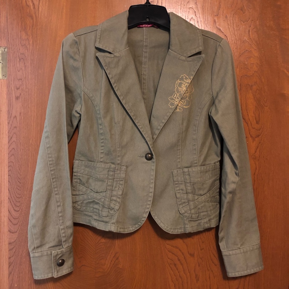 SO olive army green blazer jacket with gold art painting details juniors m